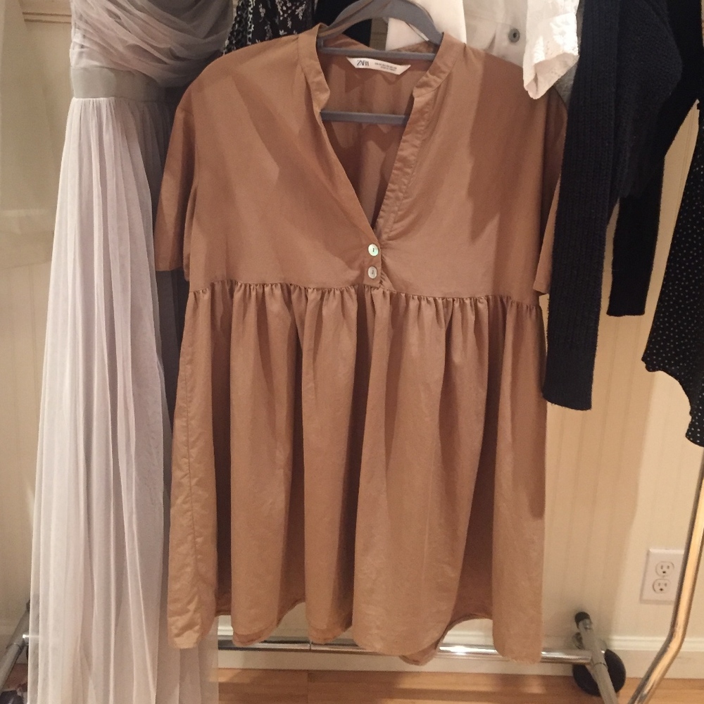 TAN LIGHT BROWN TAN ZARA MINI BABYDOLL DRESS XS